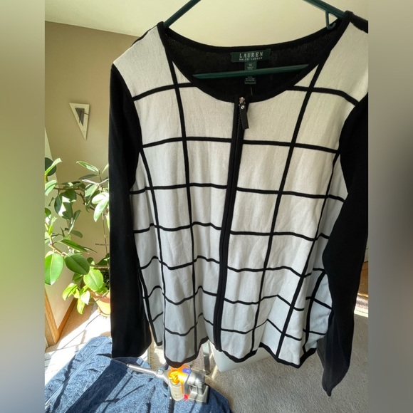 Lauren Ralph Lauren Black White Plaid Zip Up Jacket Sweater Cardigan 1X.‎ - Picture 2 of 6